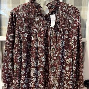 Ann Taylor Burgundy Floral Smocked Blouse